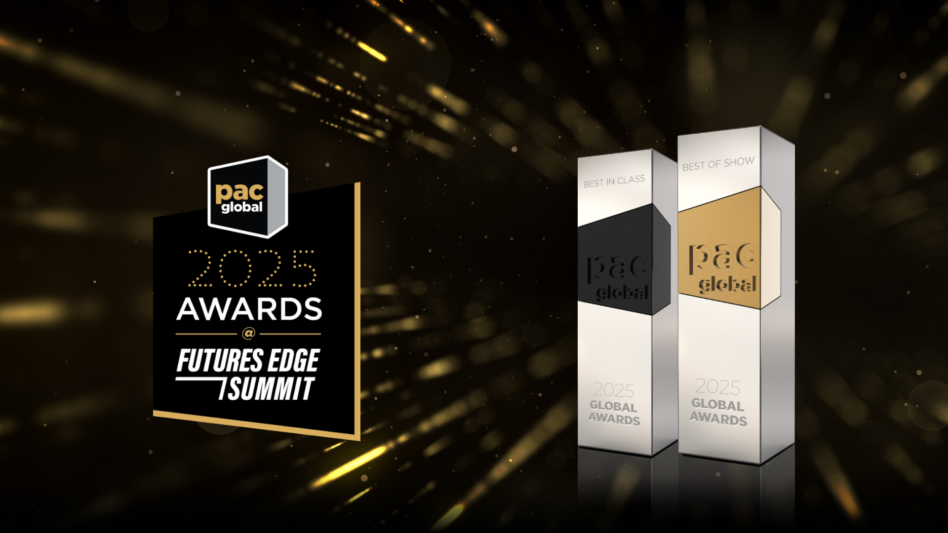 PAC Global Awards 2025 Futures Edge Summit artwork with Best of Show and Global Awards trophies